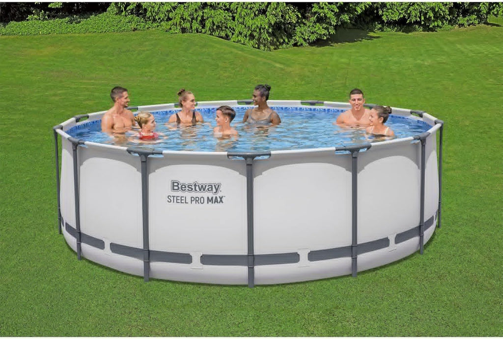 Steel Pro MAX 14 Foot x 48 Inch Round Metal Frame Above Ground Outdoor Swimming Pool Set with 1,000 Filter Pump, Ladder, and Cover, Gray