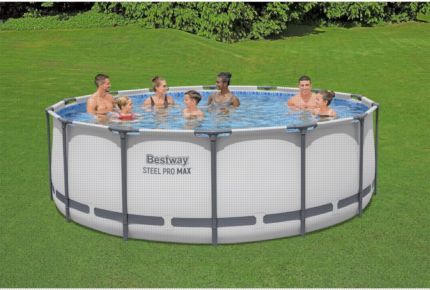 Steel Pro MAX 14 Foot x 48 Inch Round Metal Frame Above Ground Outdoor Swimming Pool Set with 1,000 Filter Pump, Ladder, and Cover, Gray