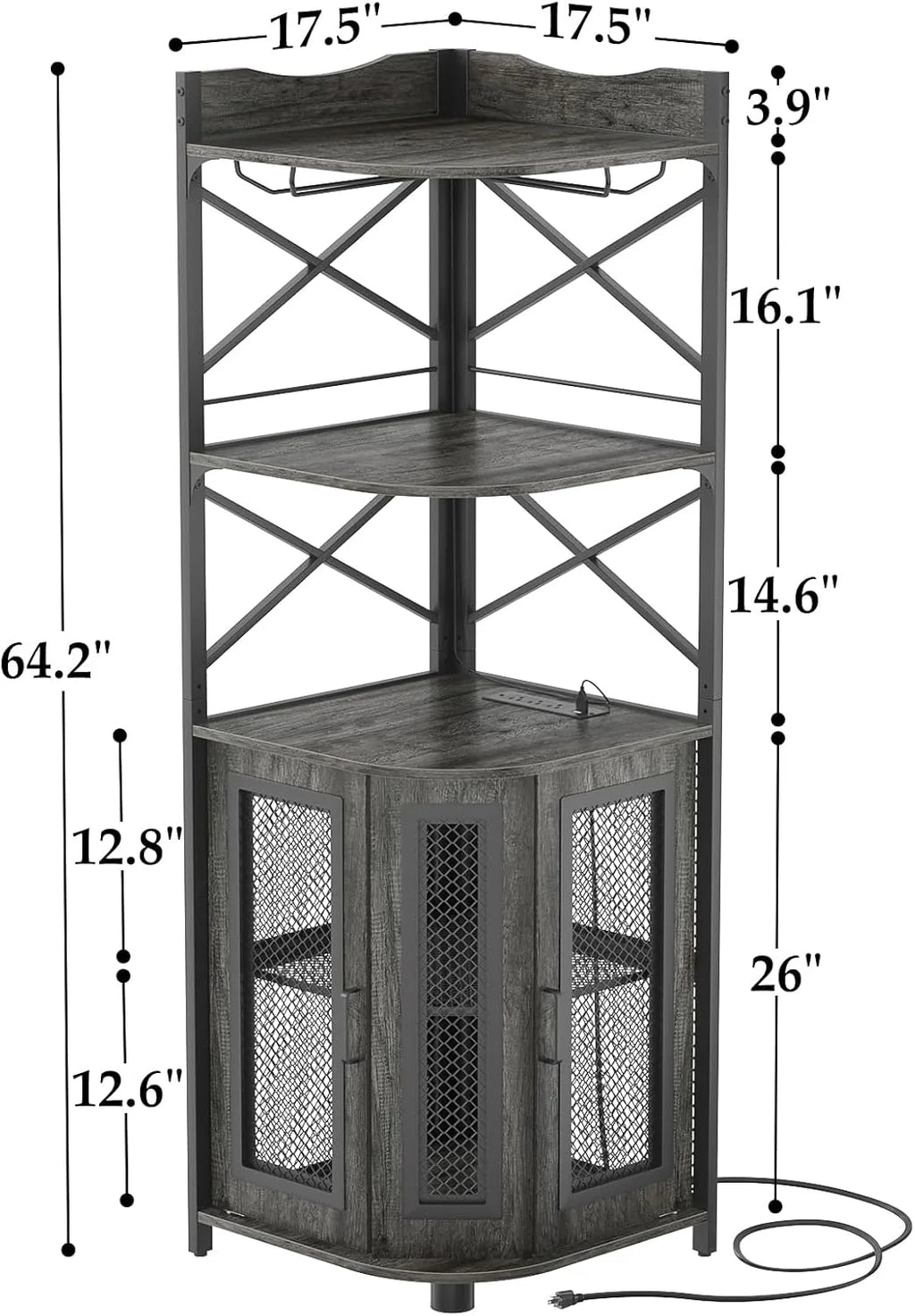 Corner bar cabinet with power socket, industrial style wine cabinet with LED light strip and glass rack, home five-layer wine cabinet bar unit, small space corner display cabinet