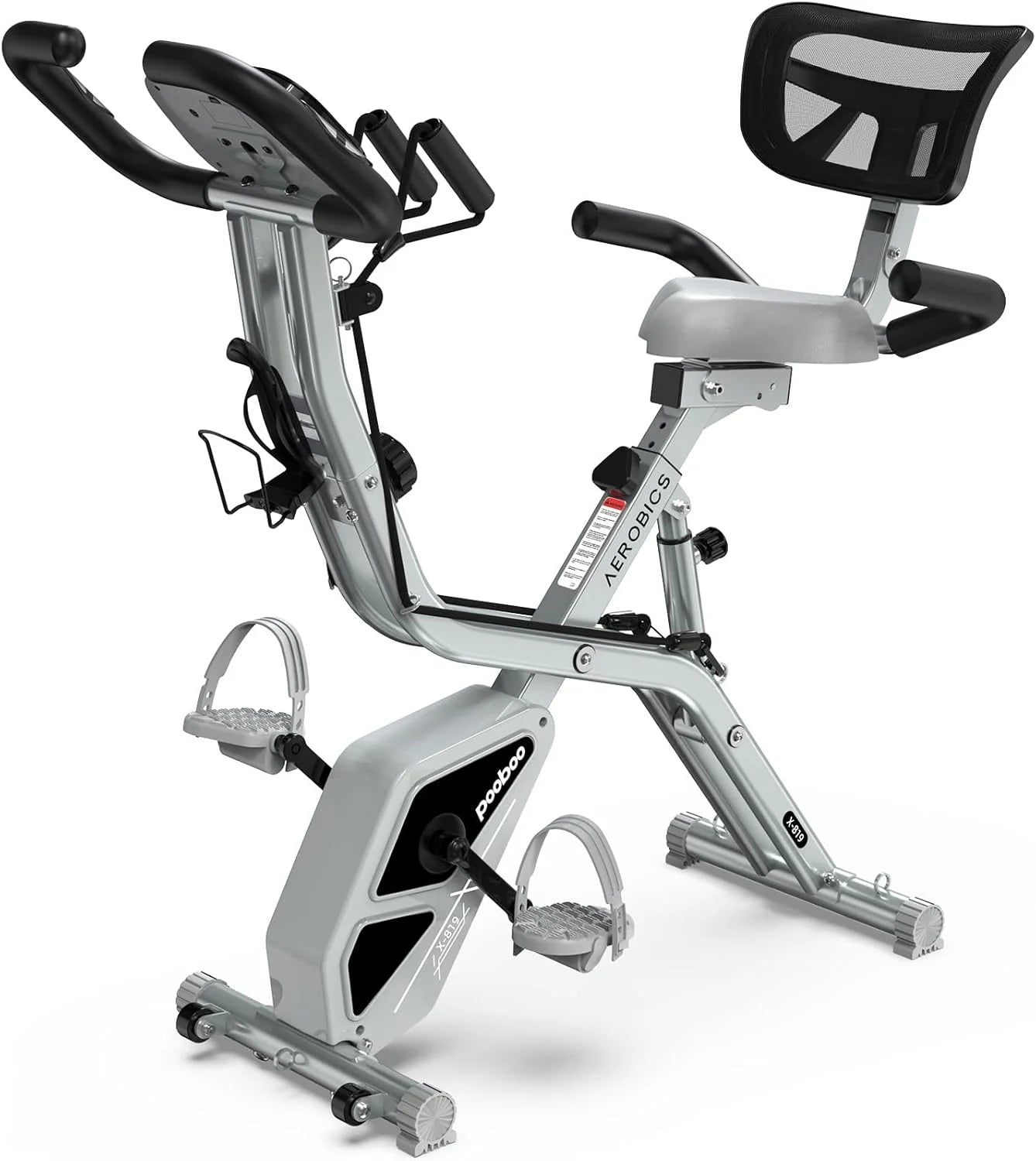pooboo Folding Exercise Bike, Foldable Fitness Stationary Bike Machine, Upright Indoor Cycling Bike, Magnetic X-Bike with 8-Level Adjustable Resistance, Bottle Holder & Back Support Cushion for Home Gym Workout