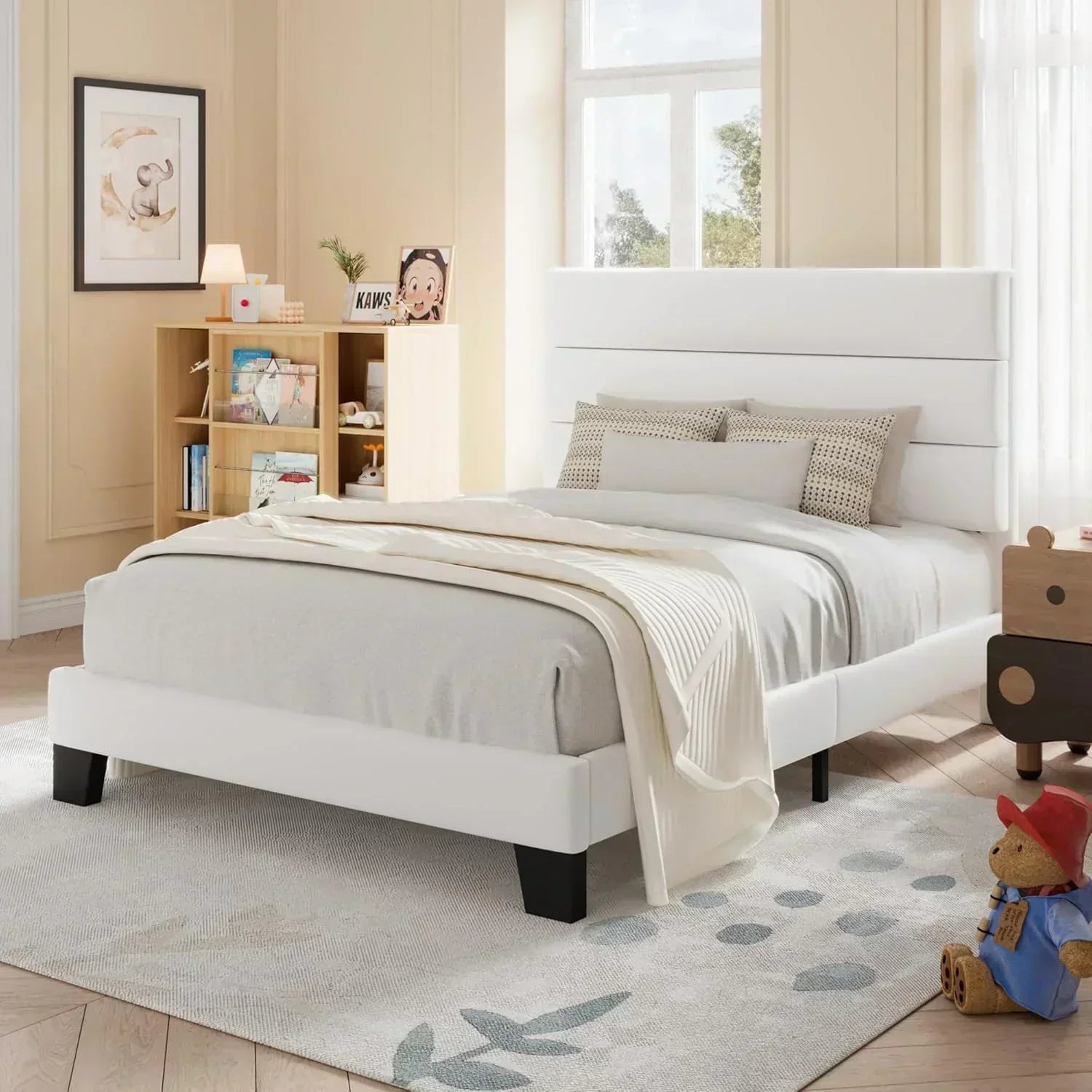 Allewie King size platform bed frame with velvet upholstered headboard and planks