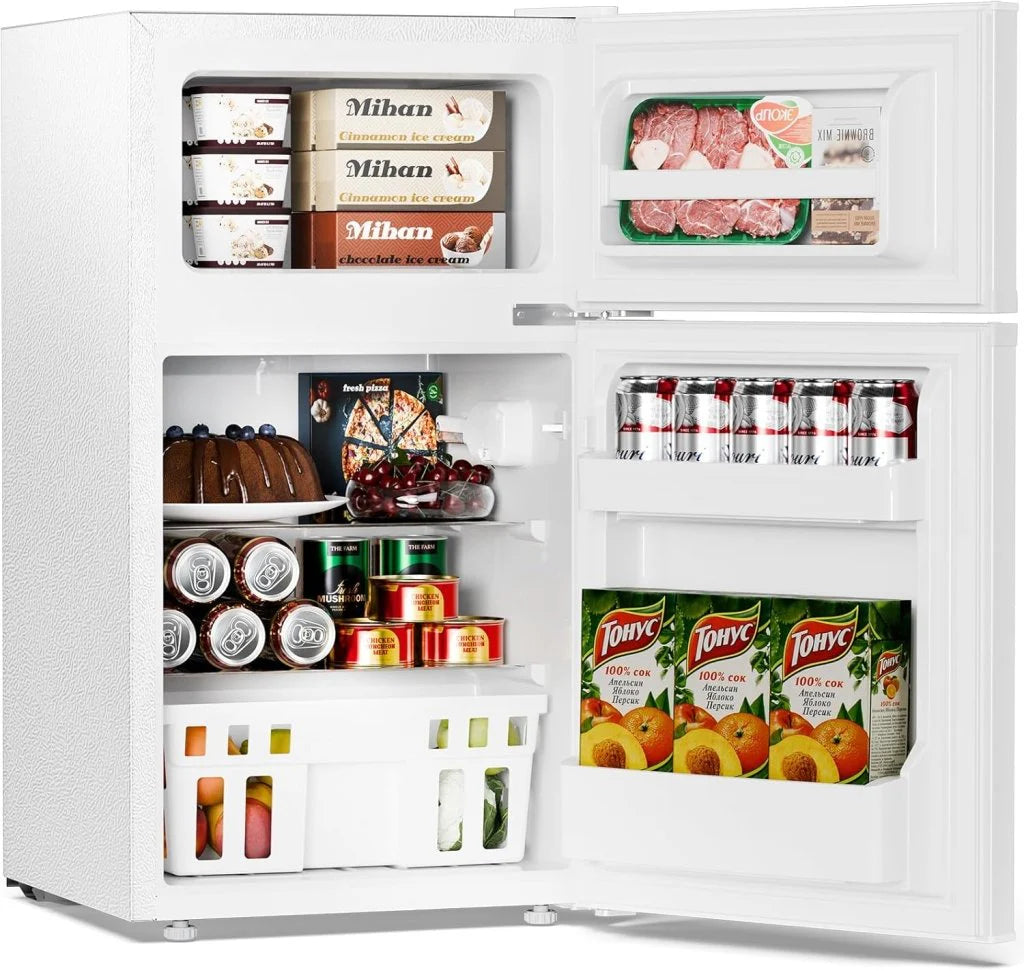 Antarctic Star Compact Mini Refrigerator Separate Freezer, Small Fridge Double 2-Door Adjustable Removable Retro Stainless Steel Shelves Living room/Kitchen/Dorm/Office 3.2 cu ft.Green