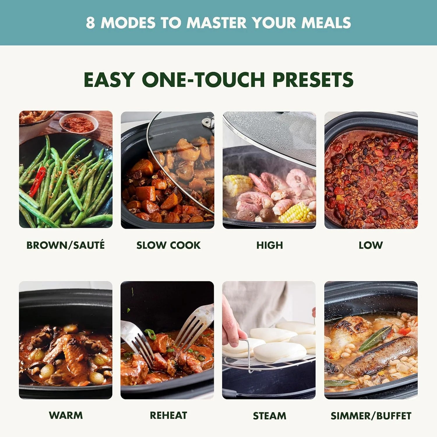 8-in-1 Programmable 6QT Electric Slow Cooker with Dishwasher-Safe Lid and Removable Base