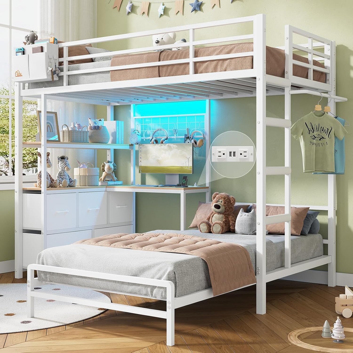 DICTAC Bunk Bed with L-Shaped Desk 5 Storage Drawers and 2 Shelves Metal Twin XL